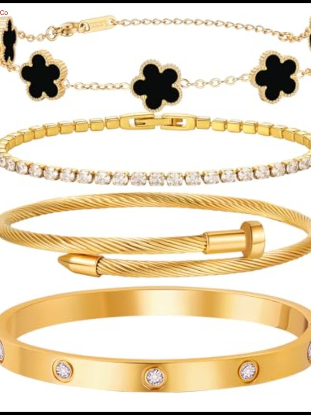 18 K Gold Plated Love Bangle Bracelet Stack Set of 4 Floral Clover Tennis